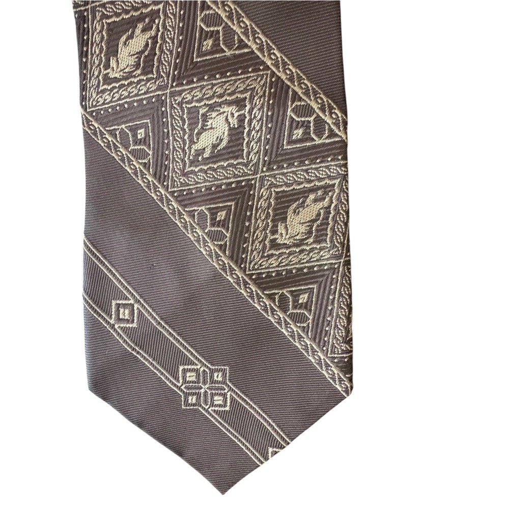 Men's Clip-On Necktie Brown Gold Geometric Heraldic Animal Pattern 17"